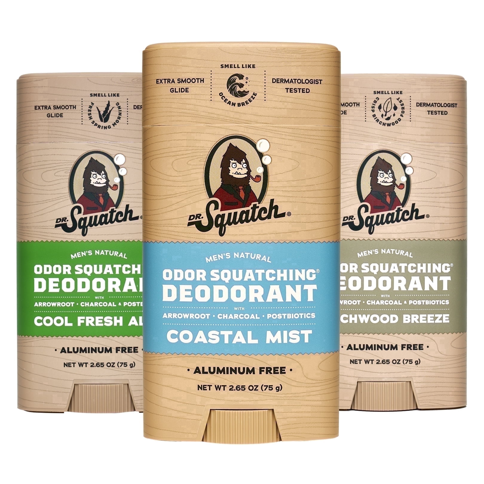 Dr. Squatch Mens Aluminum Free Deodorant Set, Natural Deodorant for Men, Cool Fresh Aloe + Coastal Mist + Birchwood Breeze, 2.65 oz, 3 Pack