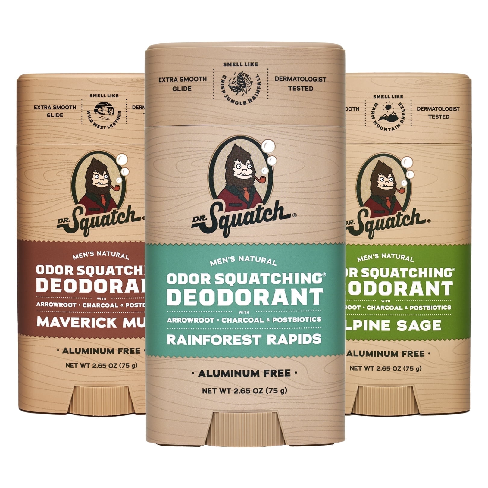 Dr. Squatch Natural Deodorant for Men - Aluminum Free - Maverick Musk, Alpine Sage & Rainforest Rapids (2.65 oz, 3-Pack)
