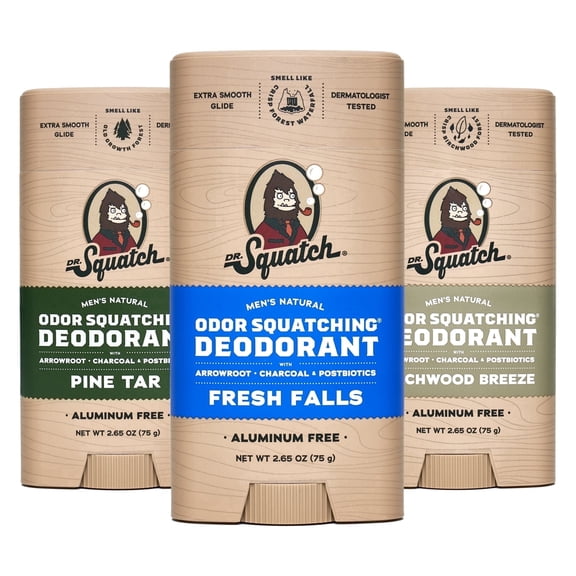 Dr. Squatch Natural Deodorant for Men - Odor-Squatching Aluminum Free - Birchwood Breeze, Fresh Falls & Pine Tar (2.65 oz, 3-Pack)