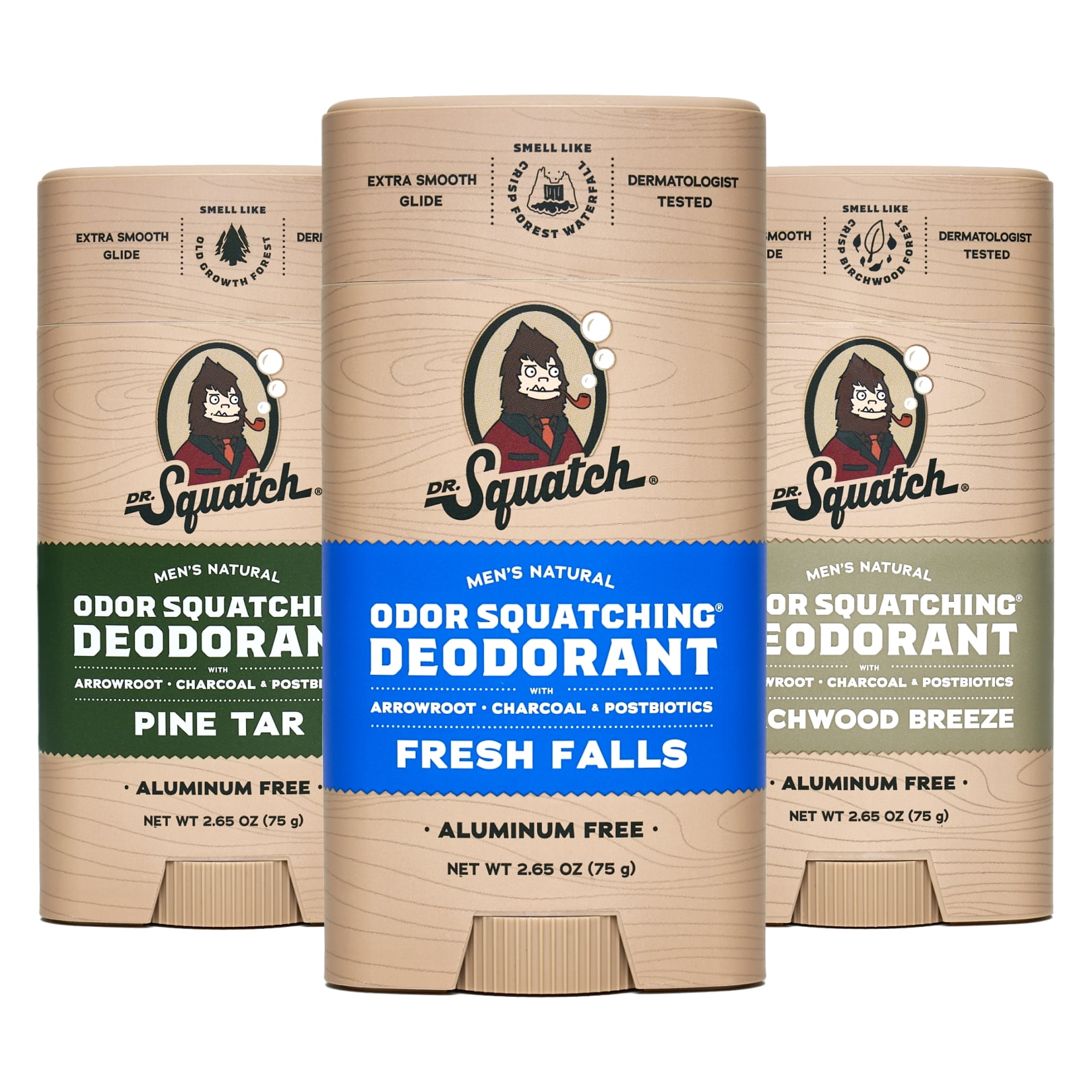 Dr. Squatch Natural Deodorant for Men - Odor-Squatching Aluminum Free - Birchwood Breeze, Fresh Falls & Pine Tar (2.65 oz, 3-Pack)