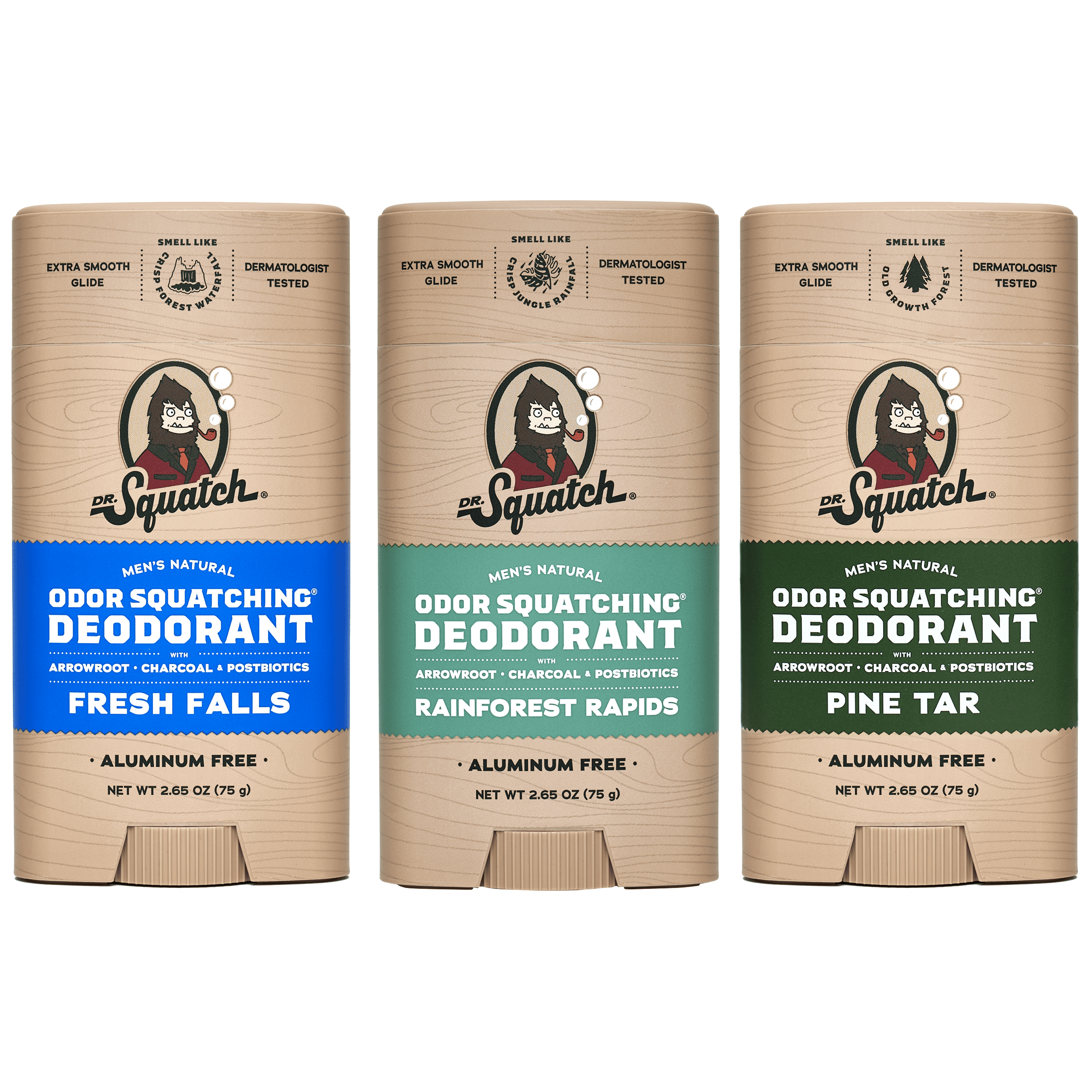 Dr. Squatch Natural Deodorant for Men - Odor-Squatching Aluminum Free - Fresh Falls, Rainforest Rapids & Pine Tar (2.65 oz, 3-Pack)