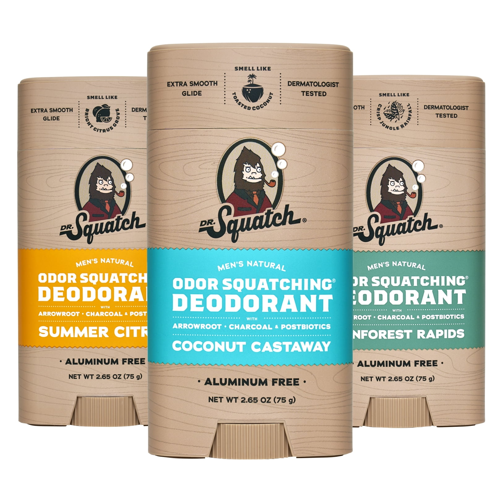 Dr. Squatch Natural Deodorant for Men - Odor-Squatching Aluminum Free - Summer Citrus, Coconut Castaway & Rainforest Rapids (2.65 oz, 3-Pack)