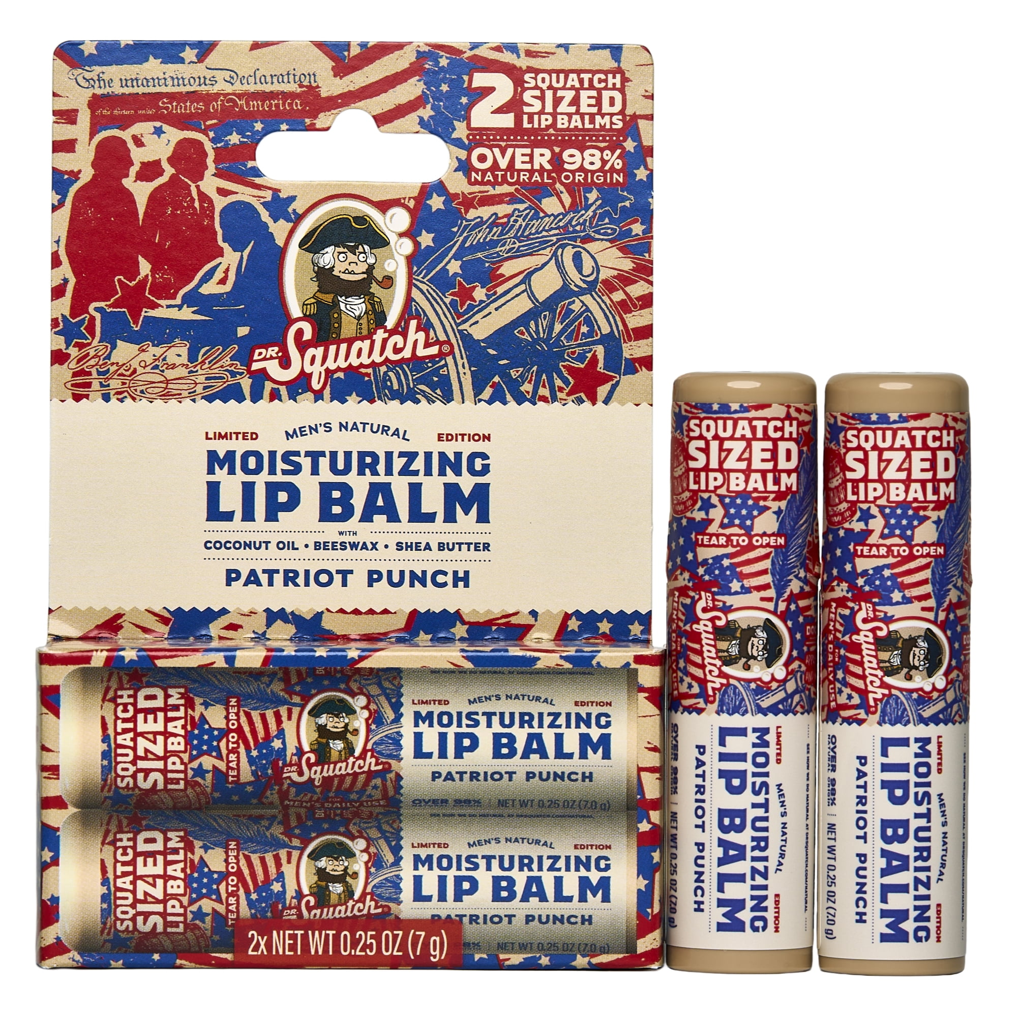 Dr. Squatch Moisturizing Lip Balm, Natural Lip Moisturizer Butter for Men Lip Care, Patriot Punch, 0.25 Oz, 2 Pack
