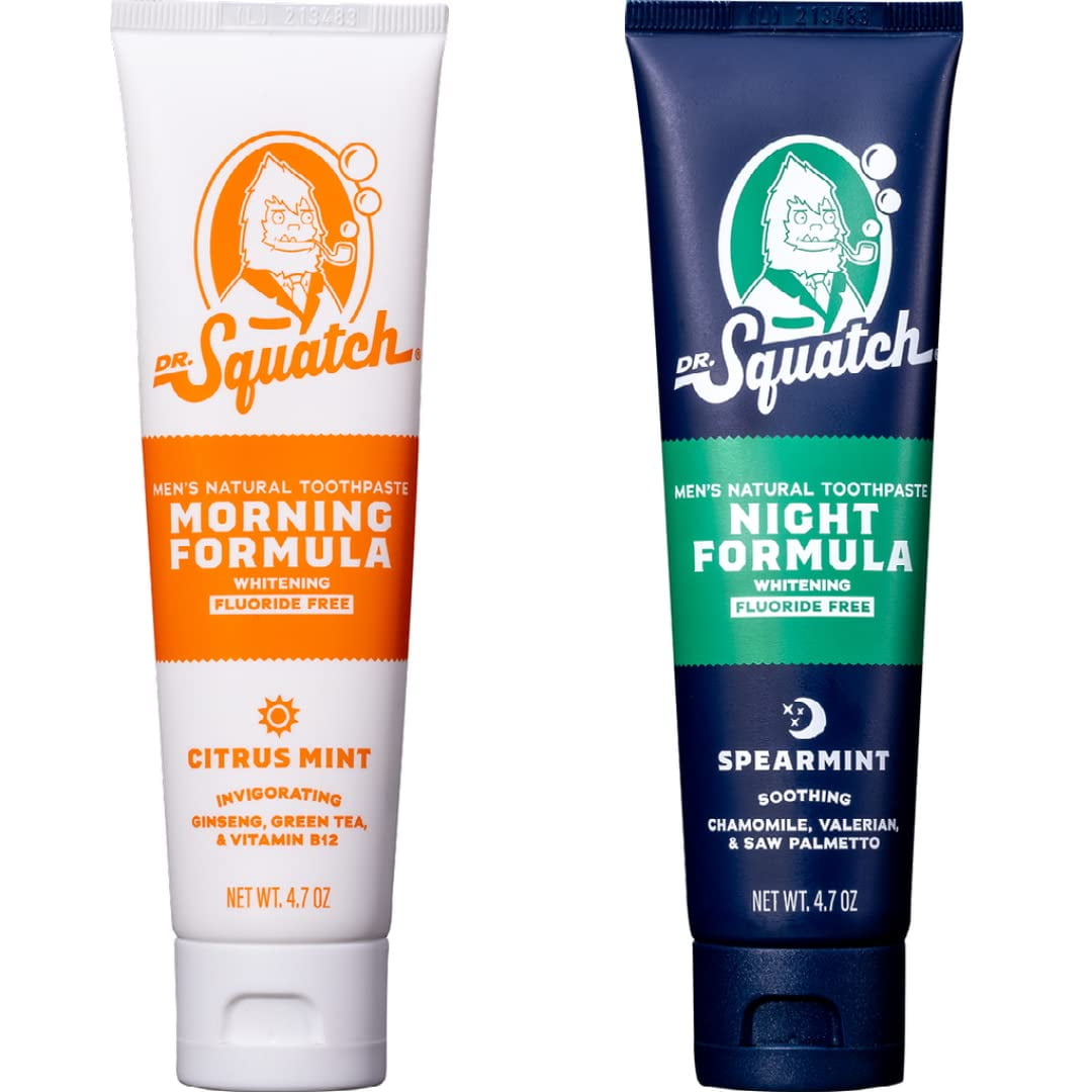 Dr. Squatch Teeth Whitening Toothpaste Kit - Day and Night Flouride Free Natural Toothpaste (1 Citrus Mint + 1 Sooth Spearmint Tooth Paste) 4.7 oz Tubes C17