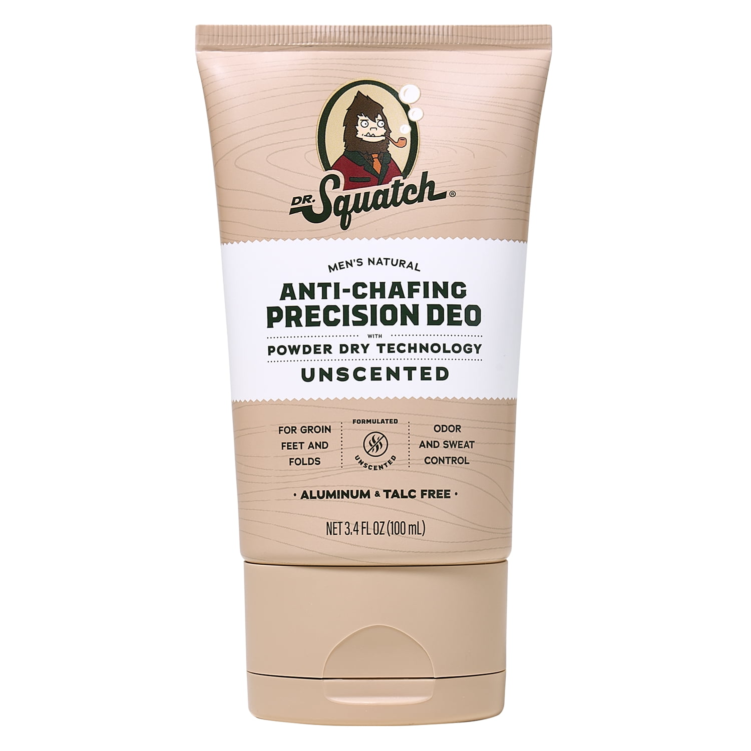 Dr. Squatch Mens AntiChafing Precision Deodorant Lotion, Powder Dry Technology, Natural Talc & Aluminum Free Deodorant for Men, Unscented, 3.4 fl oz