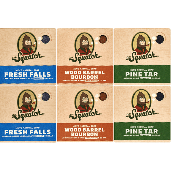 Dr. Squatch Men's Soap Variety 6 Pack - Men's Natural Bar Soap - Pine Tar, Wood Barrel Bourbon, Fresh Falls, All Skin