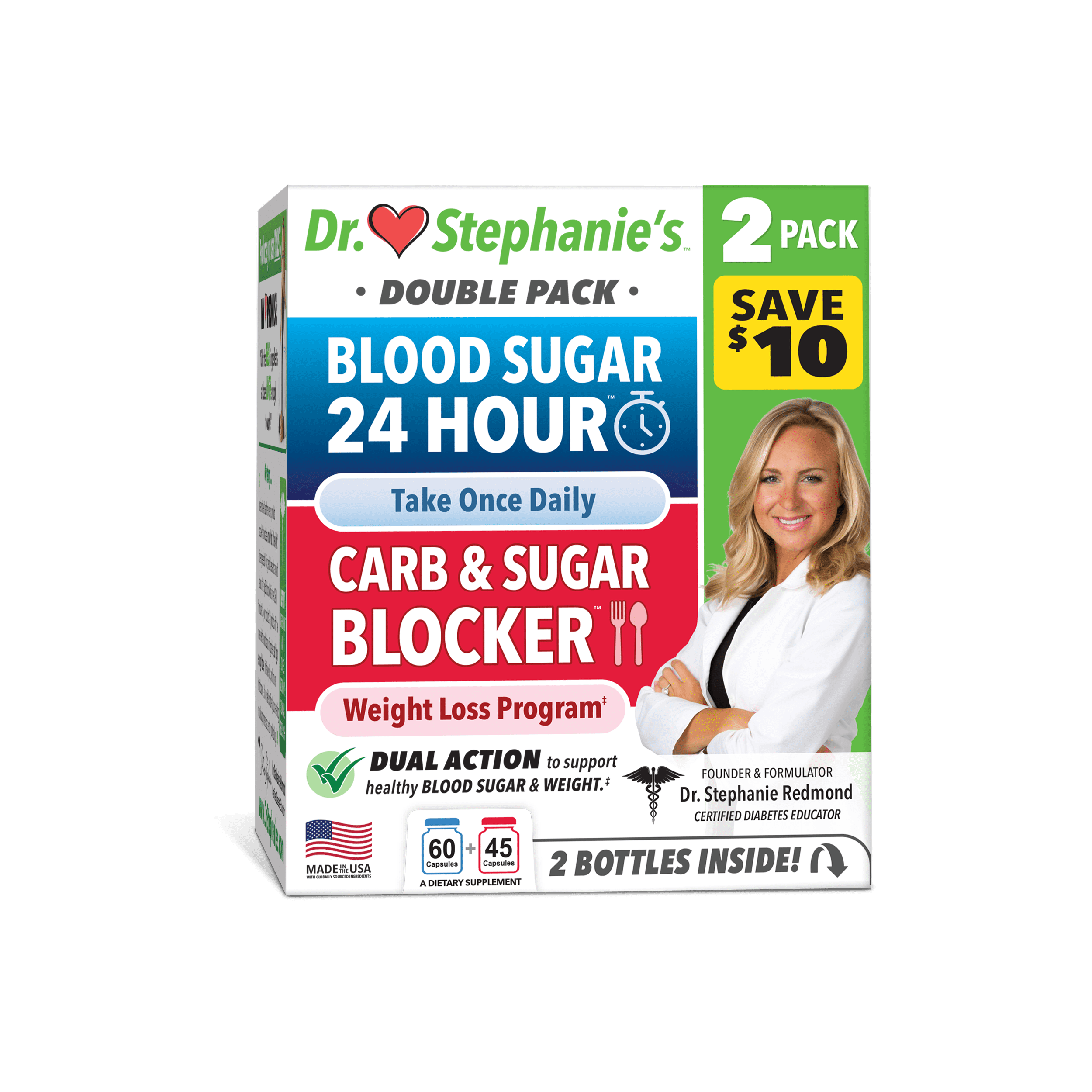 DIABETES DOCTOR Dr. Stephanie's Double Pack- Blood Sugar 24 Hour + Carb & Sugar Blocker - 2 Pack Supplements