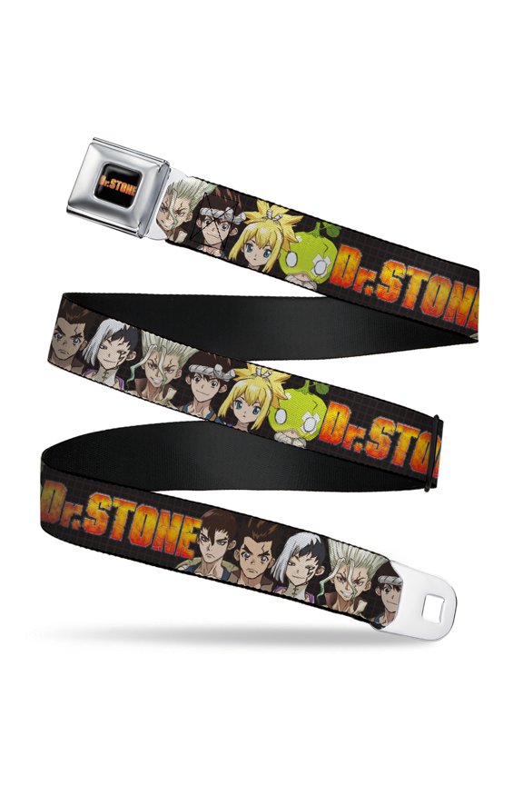 Dr. Stone Belt, Seatbelt Buckle Belt, Dr Stone Title Logo and Character Group Black, Youth 22 to 32 Inches