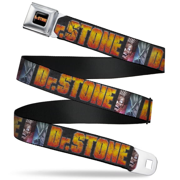 Dr. Stone Belt, Seatbelt Buckle Belt, Dr Stone Title Logo and Ibara Senku Split Pose Black, 30 to 44 Inches