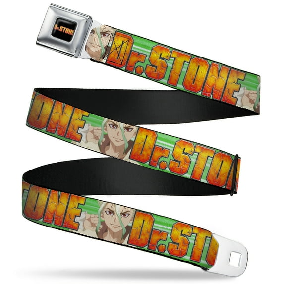 Dr. Stone Belt, Seatbelt Buckle Belt, Dr Stone Title Logo and Suika Face Close Up Greens, Youth 22 to 32 Inches