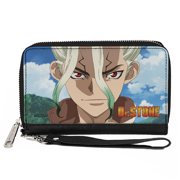 Dr. Stone Wallet, Zip Around, Dr Stone Senku Ishigami New World Map Pose and Title Logo, Vegan Leather
