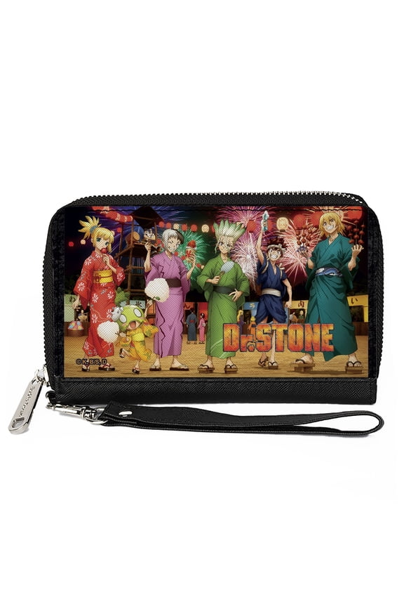 Dr. Stone Wallet, Zip Around, Dr Stone Six Character Festival Pose and Title Logo, Vegan Leather