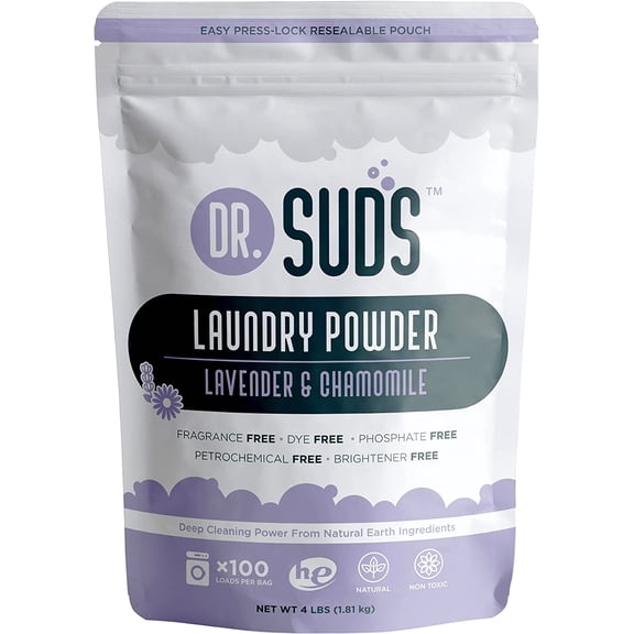 Dr Suds Natural Laundry Detergent Powder 4 Lbs 100+ Loads Skin Friendly with Lavender Chamomile Made with Natural Earth Minls Made in USA