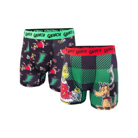 Dr Suess Grinch Plaid Men's Athletic Boxer Brief, 2-Pack, Sizes S-XL