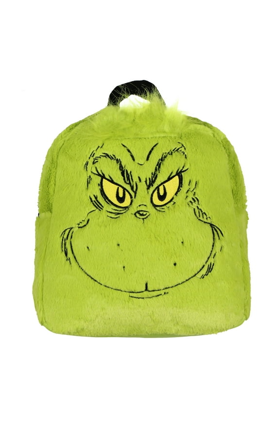 Dr. Seuss The Grinch Embroidered Face w/ 3D Hair Tuft Fuzzy Soft Mini Backpack 11"