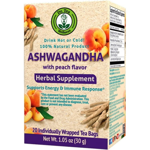 Dr. TEA Ashwagandha Tea - Peach Flavor -20 Tea Bags - Wellness Cleanse Tea