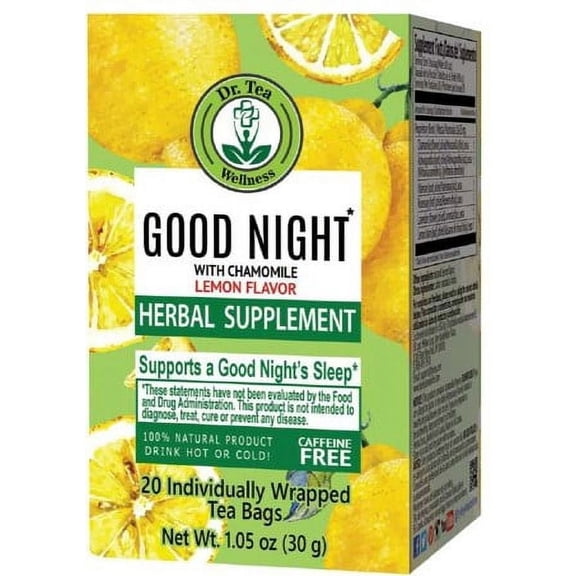 Dr. TEA Chamomile Tea Good Night - Lemon Flavor -20 Tea Bags - Caffeine Free Calm Sleep Tea for Relaxation Decaf