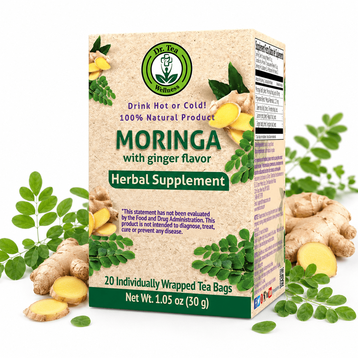 Dr. TEA Moringa Oleifera Green Tea - Ginger Flavor -20 Tea Bags - Natural Wellness Cleanse Tea