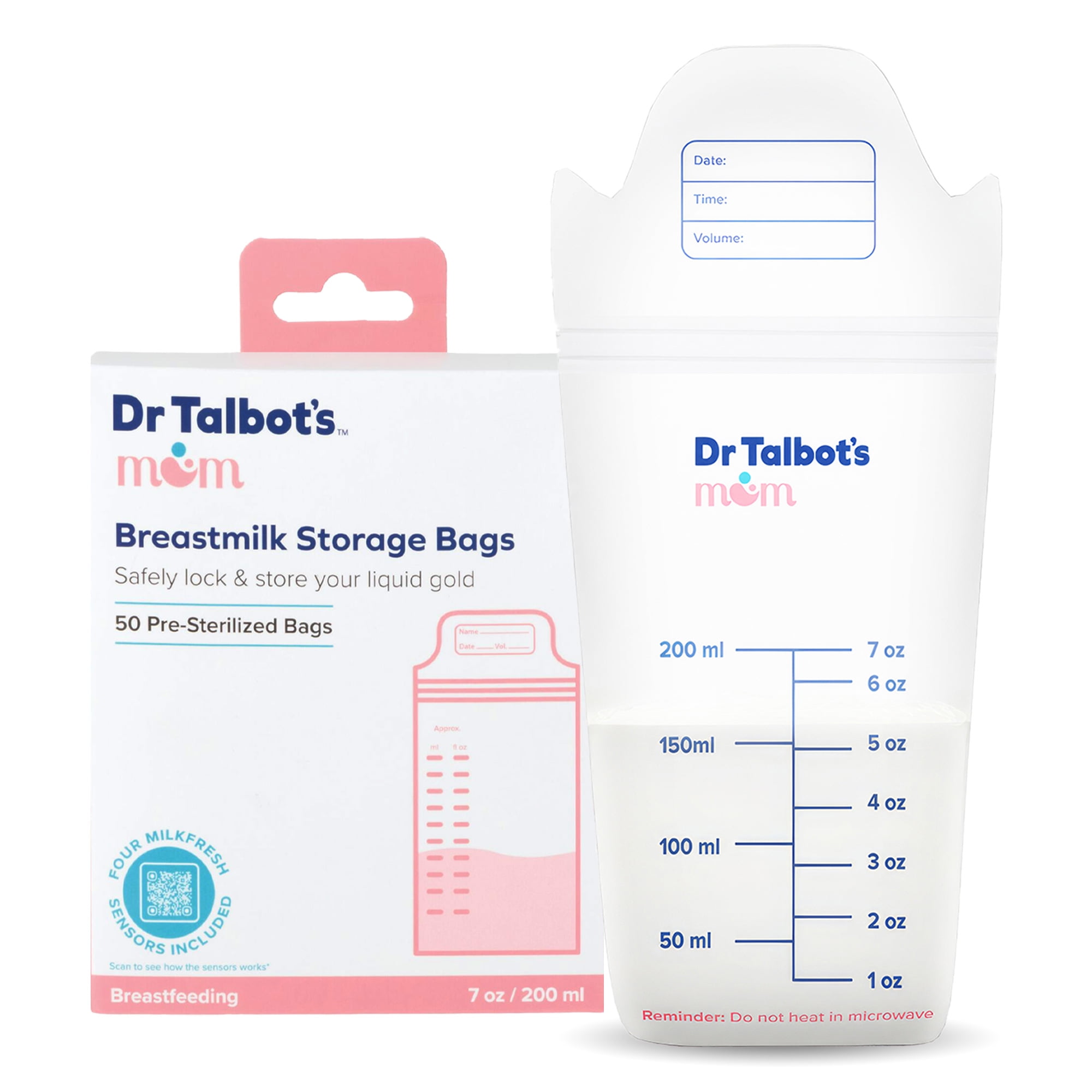 Dr. Talbot's Mom Breastmilk Storage Bags & 4 MilkFresh Sensors, 50 Count