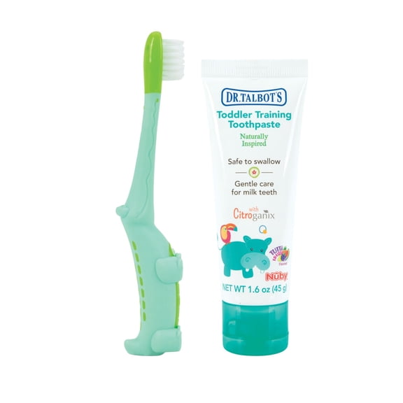 Dr. Talbot's Toddler Training Toothbrush and Natural Kids Toothpaste with Citroganix - 1.6 oz - Fluoride-Free Toothpaste and Toddler Toothbrush - 6+ Months - Alligator