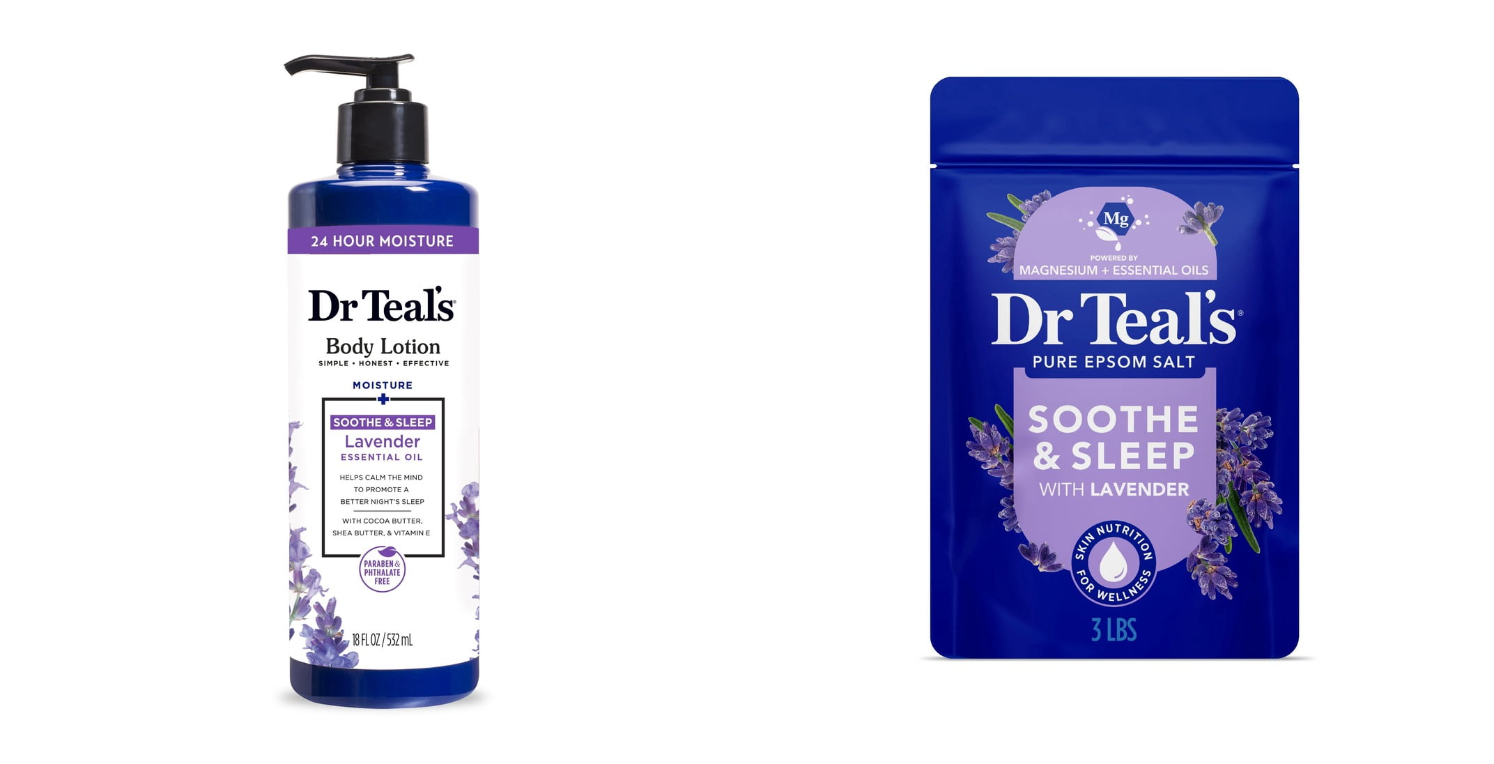 Dr Teal's 24 Hour Moisture Body Lotion with Lavender Essential Oil & Dr Teal's Epsom Salt Magnesium Soak, Soothe & Sleep with Lavender, 3 lbs Bundle
