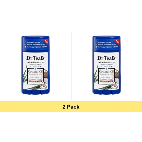 Dr Teal's Aluminum Free Deodorant, Coconut Oil with Essential Oils, 2.65 oz - 2 Pack