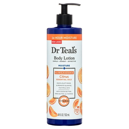 Dr Teal's Body Lotion, 24 Hour Moisture + Radiant with Vitamin C & Citrus Essential Oils, 18 fl oz