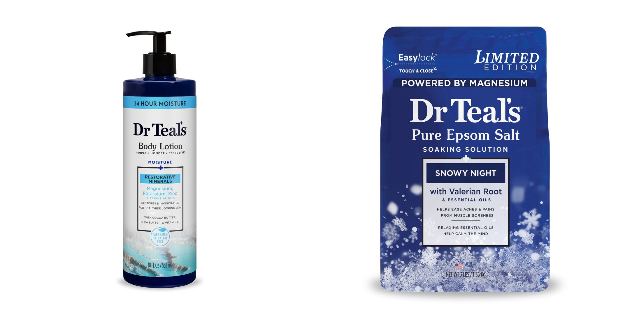 Dr Teal's Body Lotion, Restorative Minerals with Magnesium, Potassium, Zinc & Essential Oils & Dr Teal's Epsom Salt Magnesium Soak, Snowy Night, 3 lbs Bundle
