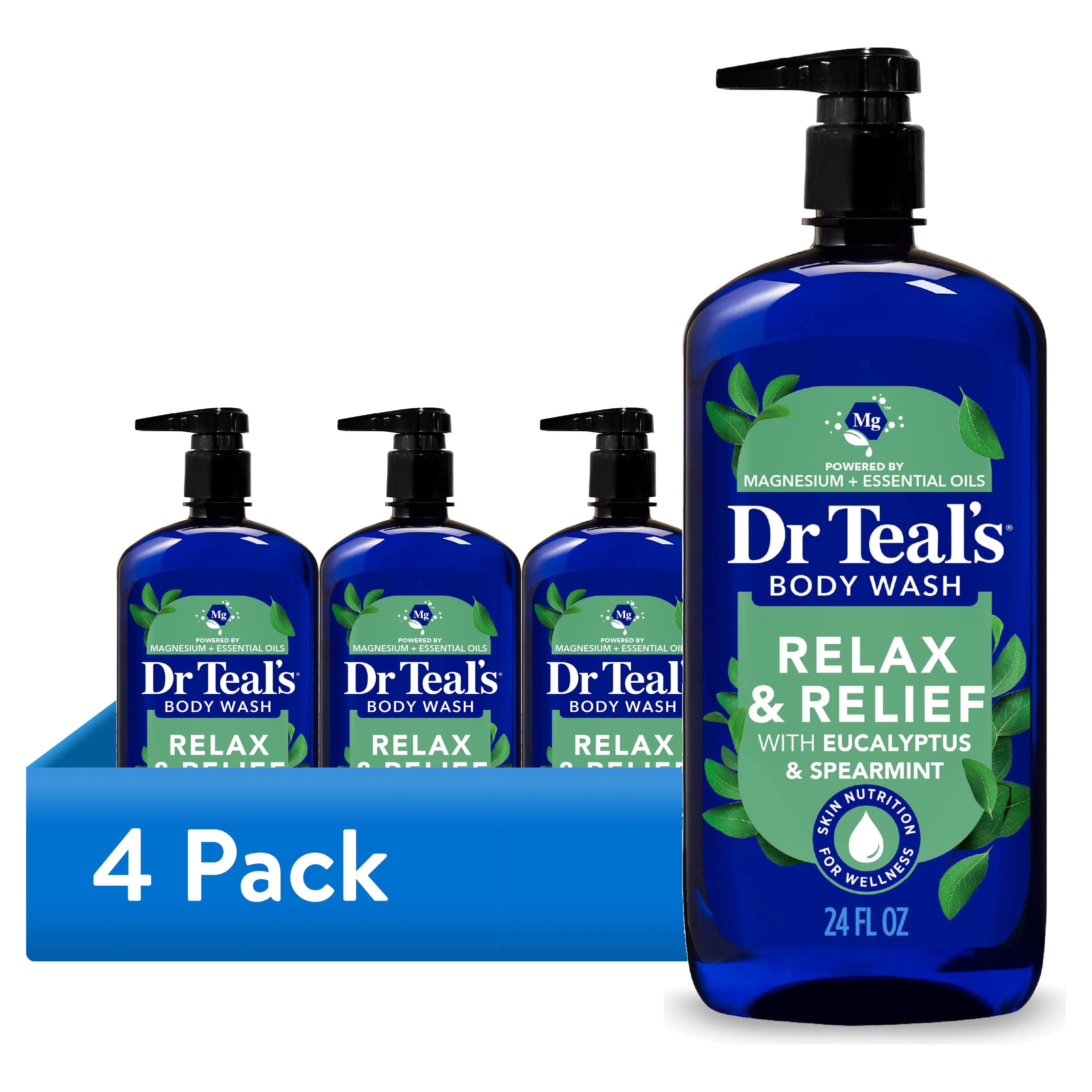 (4 pack) Dr Teal's Relax & Relief Body Wash with Pure Epsom Salt, Eucalyptus & Spearmint Essential Oils, 24 fl oz