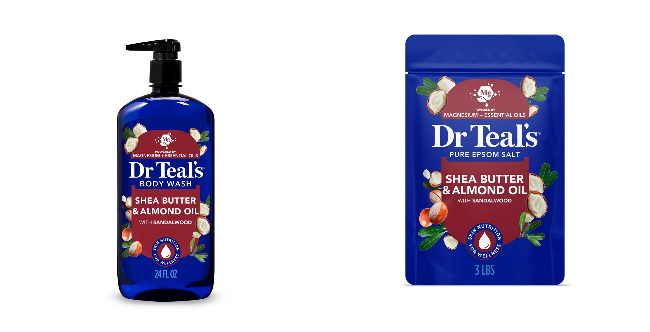 Dr Teal’s Body Wash with Shea Butter & Almond and Pure Epsom Salt & Dr Teal's Epsom Salt Magnesium Soak, with Shea Butter & Almond Oil, 3 lbs Bundle