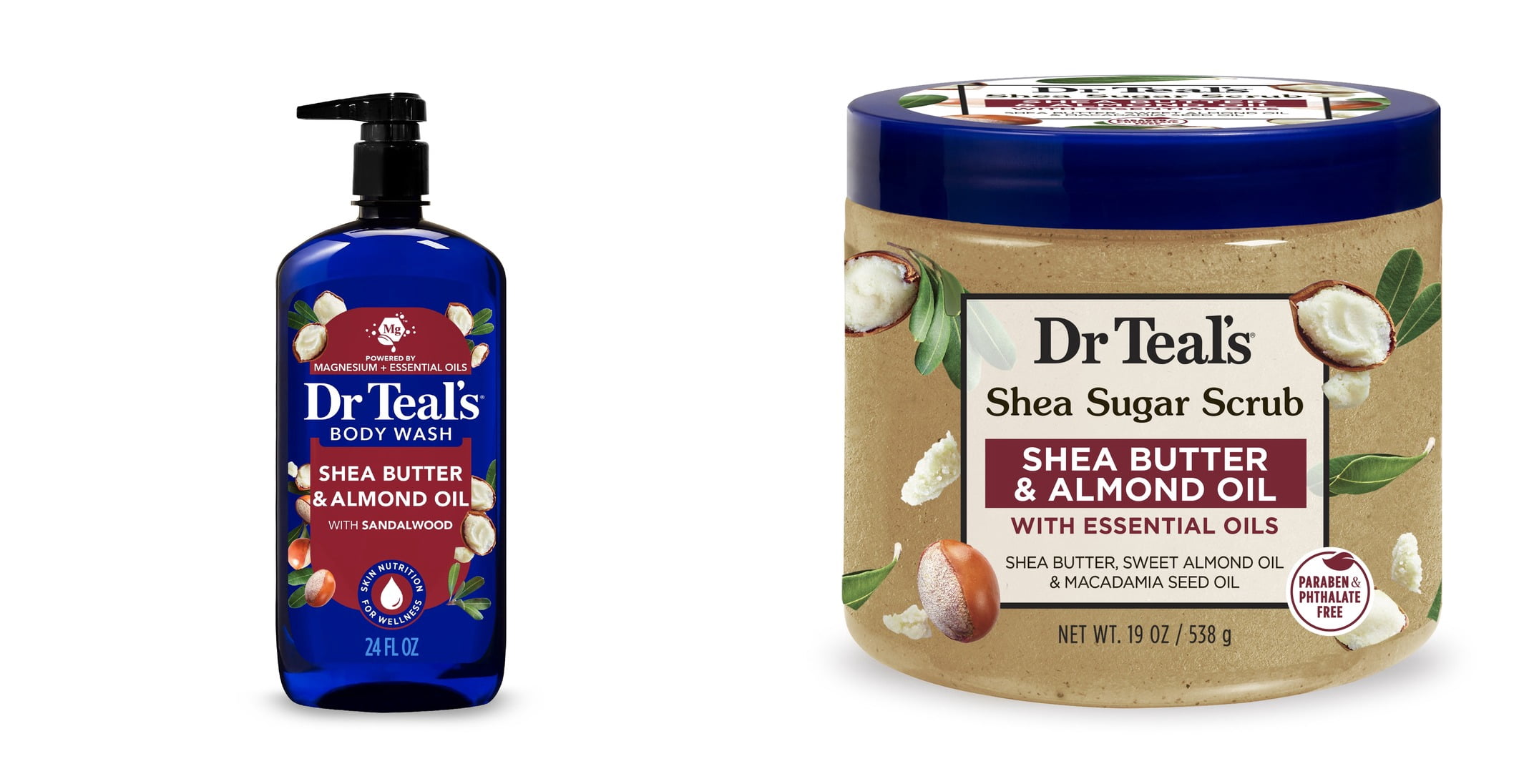Dr Teal’s Body Wash with Shea Butter & Almond and Pure Epsom Salt & Dr Teal's Shea Sugar Body Scrub with Shea Butter, Almond & Essential Oils Bundle