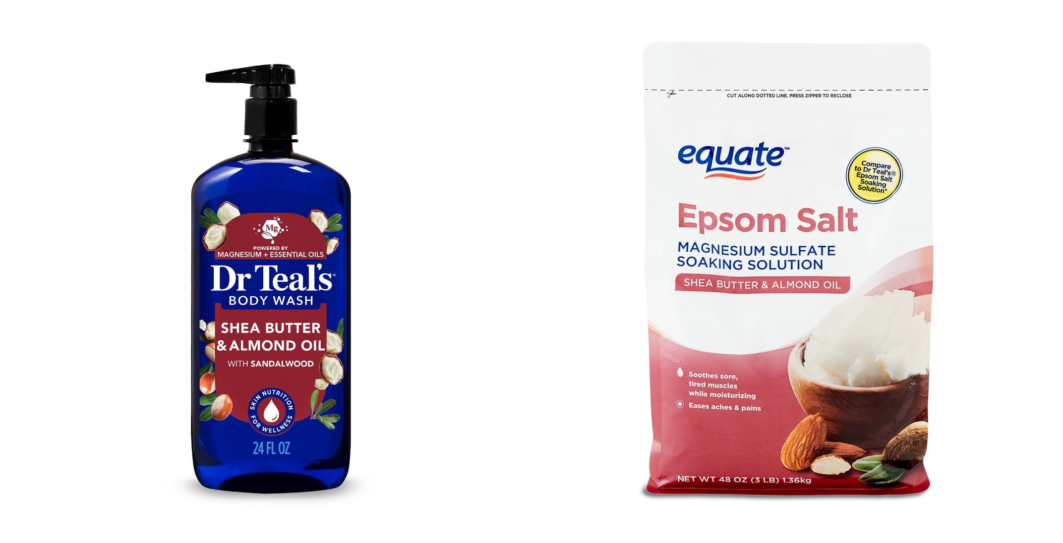 Dr Teal’s Body Wash with Shea Butter & Almond and Pure Epsom Salt & Equate Epsom Salt Soaking Solution with Shea Butter and Almond Oil, 3 lbs Bundle