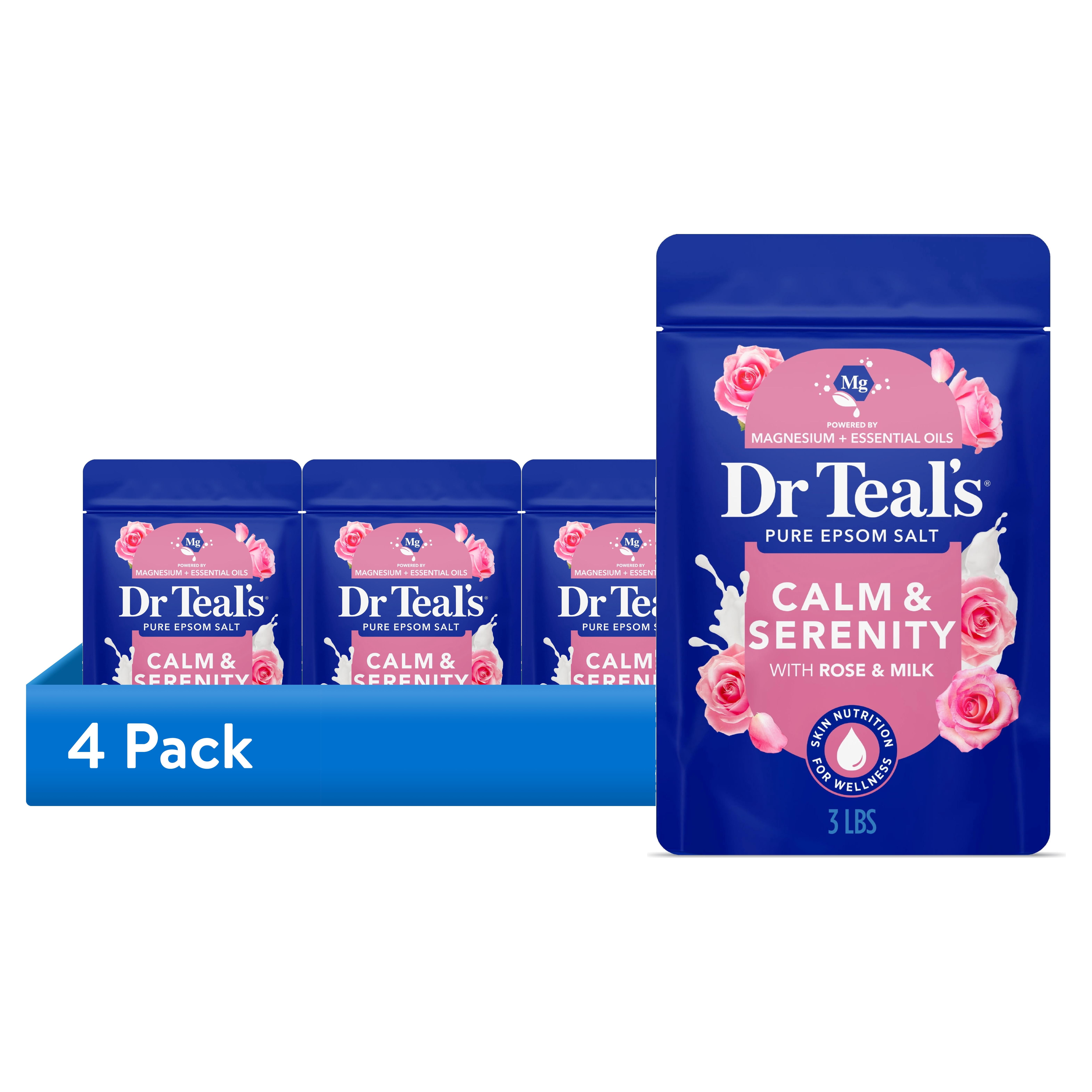 (4 pack) Dr Teal's Epsom Salt Magnesium Soak, Calm & Serenity with Rose Essential Oil & Milk Protein 3 lbs
