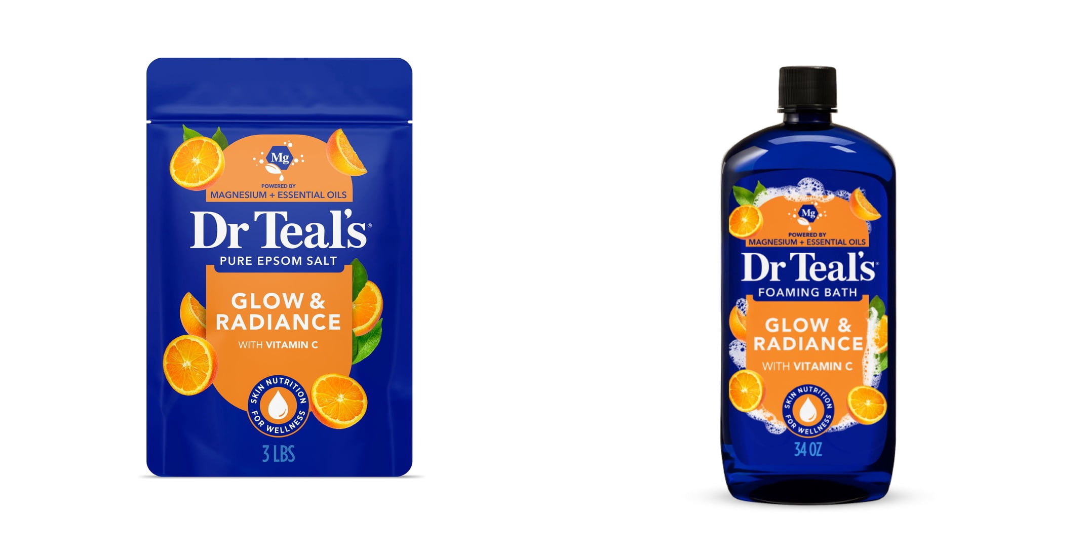 Dr Teal's Epsom Salt Magnesium Soak, Glow & Radiance with Vitamin C & Citrus Essential Oils, 3 lbs & Dr Teal's Glow & Radiance Foaming Bath with Vitamin C and Citrus Essential Oils Bundle
