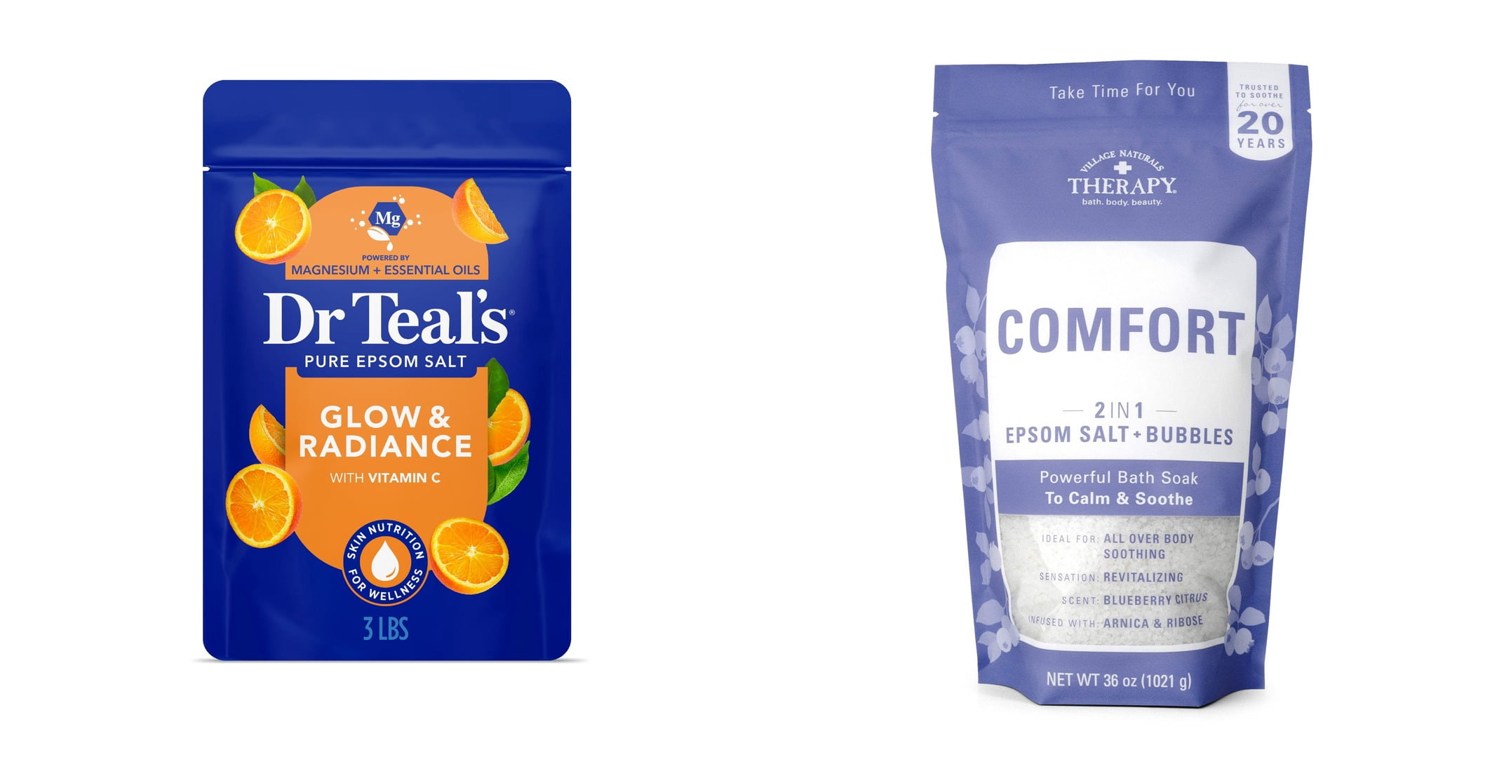Dr Teal's Epsom Salt Magnesium Soak, Glow & Radiance with Vitamin C & Citrus Essential Oils, 3 lbs & Village Naturals Therapy Comfort 2in1 Foaming Epsom Bath Soak, Blueberry Citrus Scent Bundle