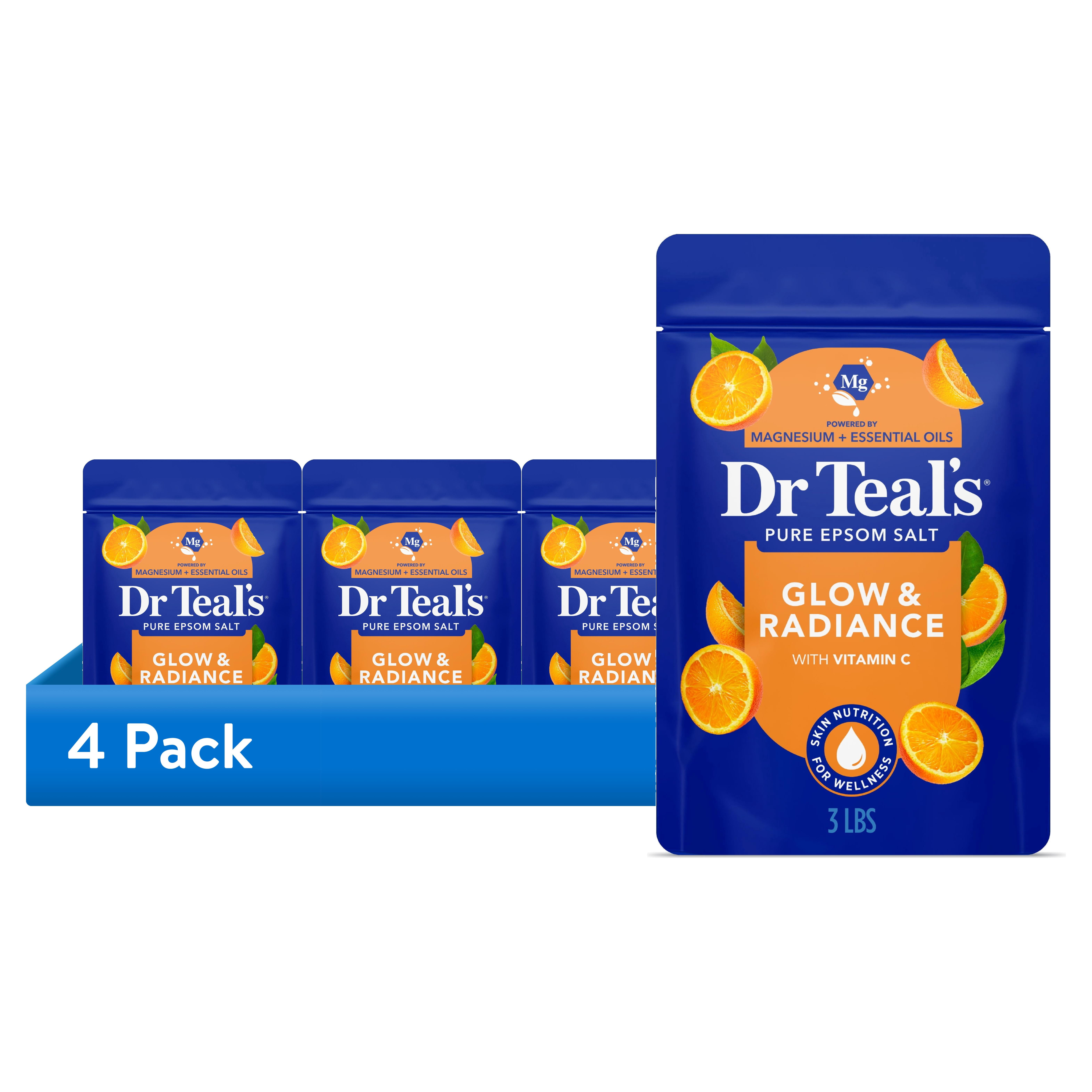 (4 pack) Dr Teal's Epsom Salt Magnesium Soak, Glow & Radiance with Vitamin C & Citrus Essential Oils, 3 lbs