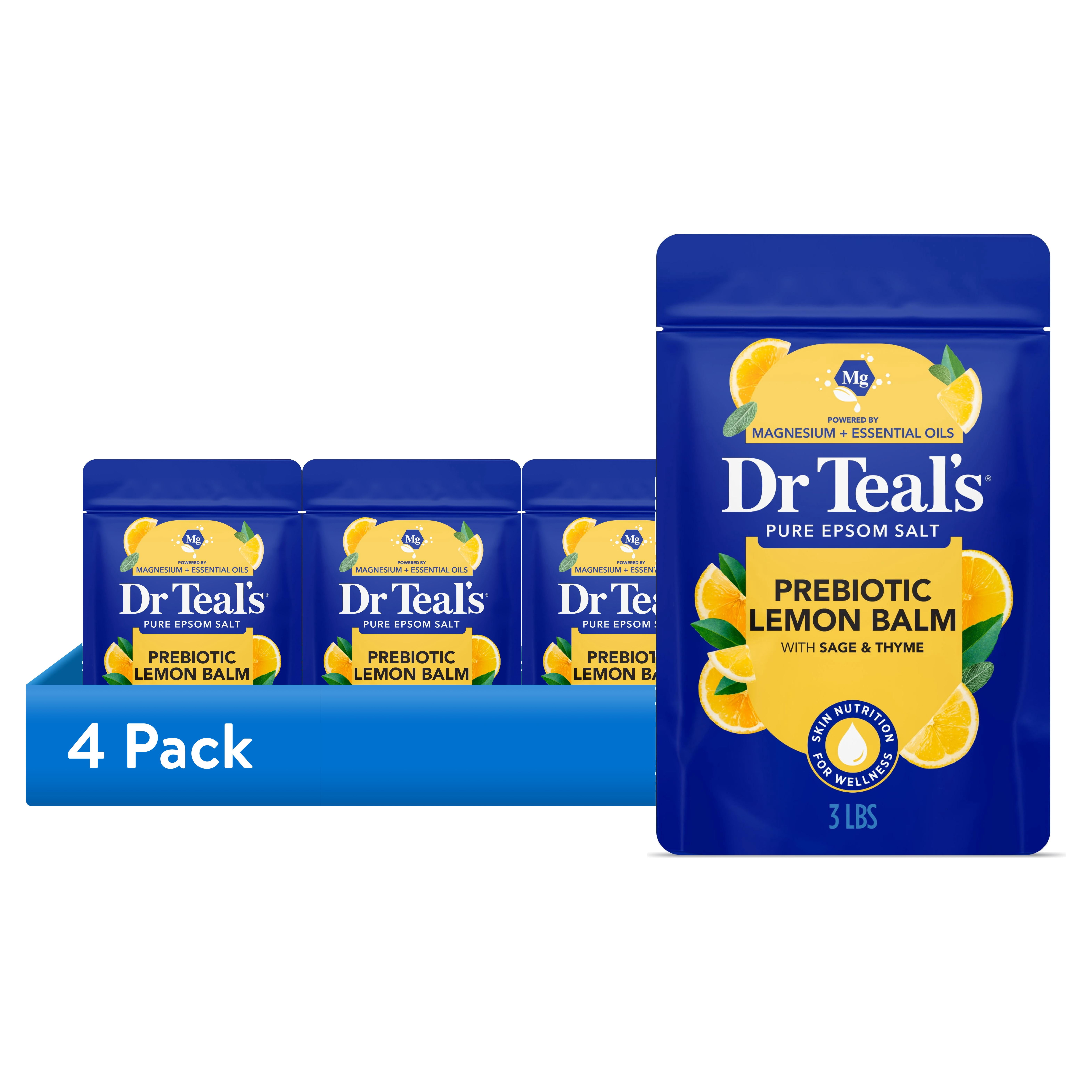 (4 pack) Dr Teal's Epsom Salt Magnesium Soak,  Prebiotic Lemon Balm, 3 lbs