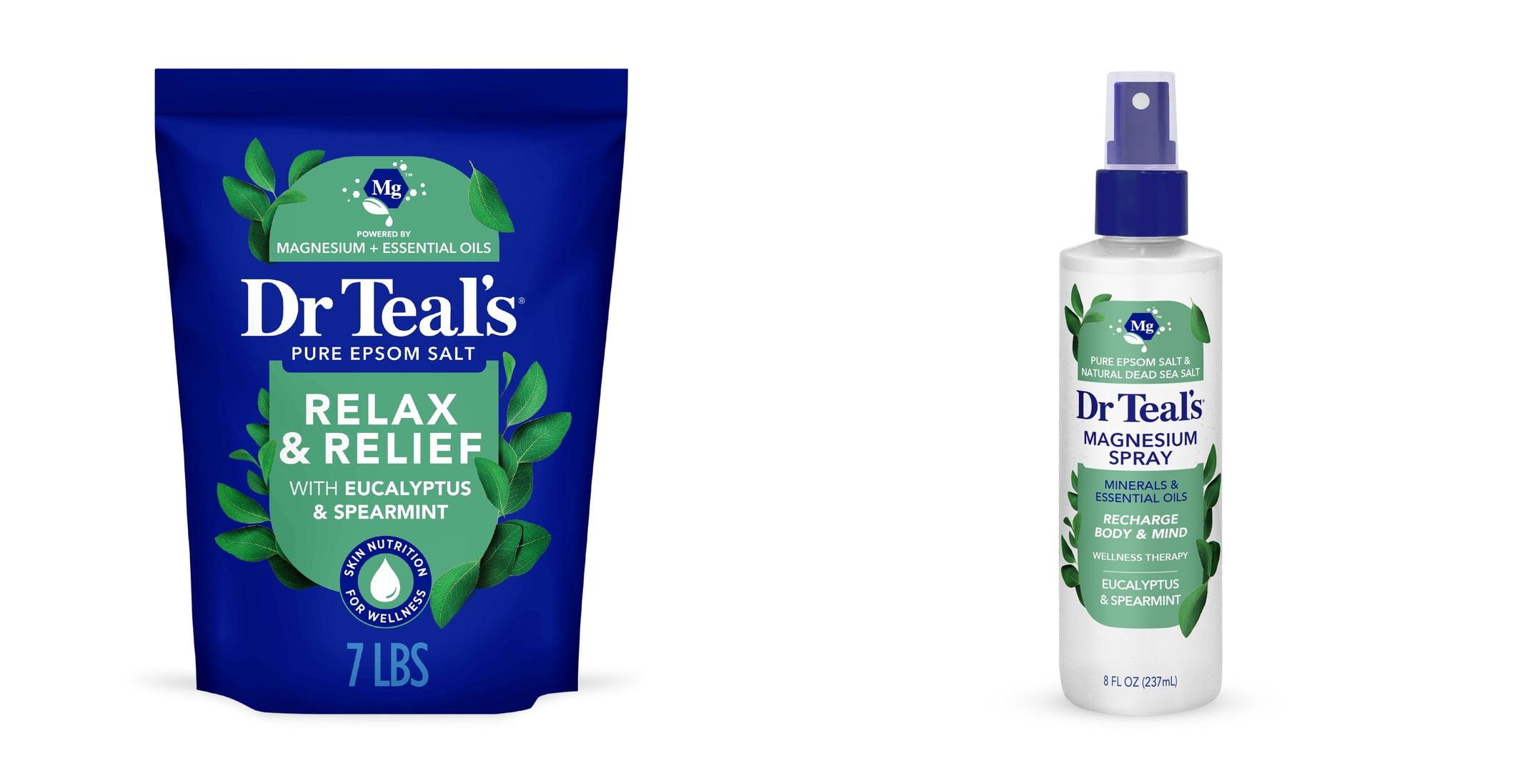 Dr Teal's Epsom Salt Magnesium Soak, Relax & Relief with Eucalyptus & Spearmint, 7 lbs & Dr Teal's Relax & Relief Magnesium Spray with Eucalyptus & Spearmint Essential Oils Bundle