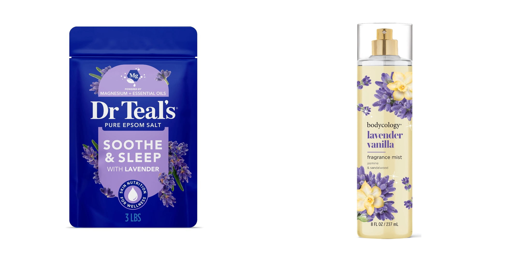Dr Teal's Epsom Salt Magnesium Soak, Soothe & Sleep with Lavender, 3 lbs & Bodycology Long-Lasting Fragrance Body Mist, Lavender Vanilla Bundle