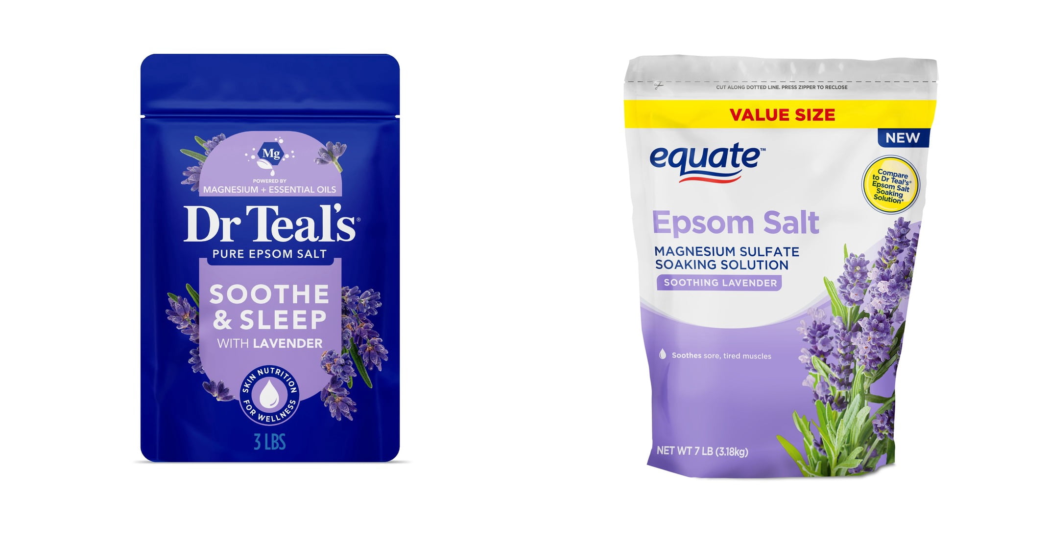 Dr Teal's Epsom Salt Magnesium Soak, Soothe & Sleep with Lavender, 3 lbs & Equate Epsom Salt Soaking Solution, Soothing Lavender, 7 lbs Bundle