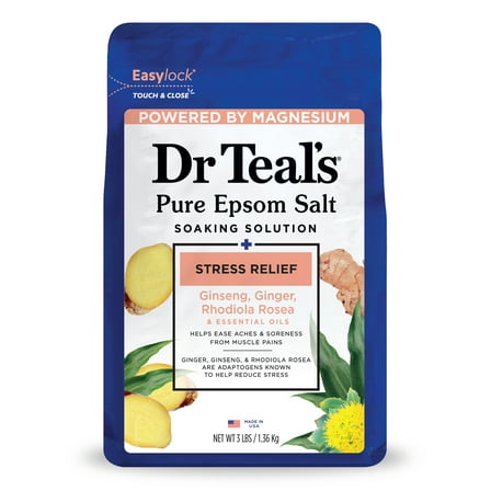 Dr Teal's Epsom Salt Magnesium Soak, Stress Relief with Ginseng & Ginger, 3 lbs