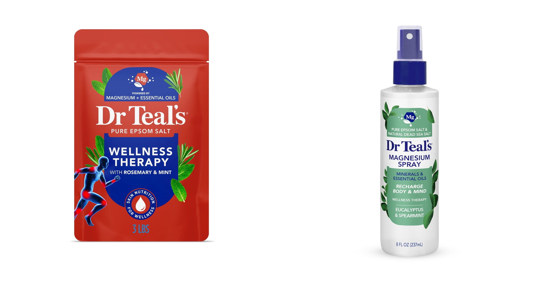 Dr Teal's Epsom Salt Magnesium Soak,  Wellness Therapy with Rosemary & Mint, 3 lbs & Dr Teal's Relax & Relief Magnesium Spray with Eucalyptus & Spearmint Essential Oils Bundle