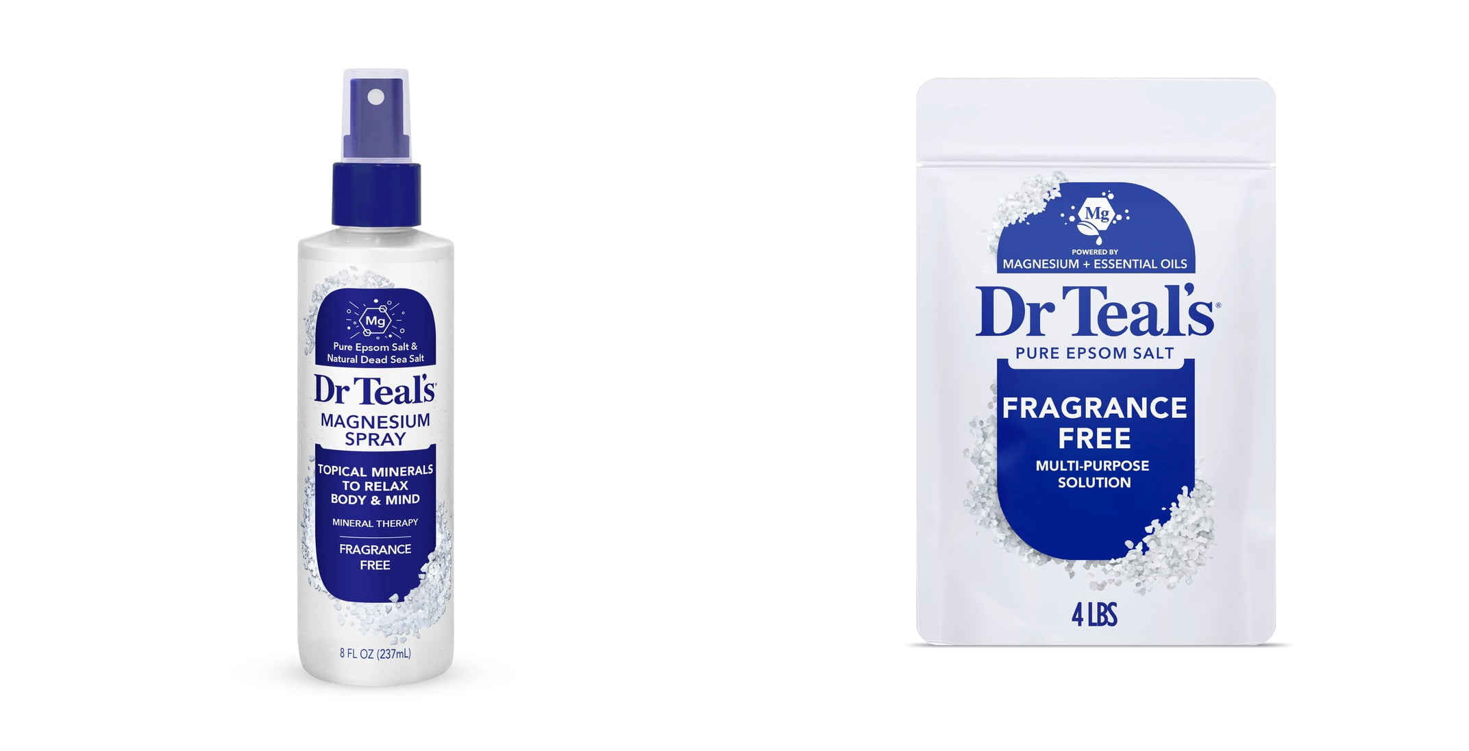 Dr Teal's Fragrance Free Magnesium Spray & Dr Teal's Epsom Salt Magnesium Soak, Fragrance Free, 4 lbs Bundle
