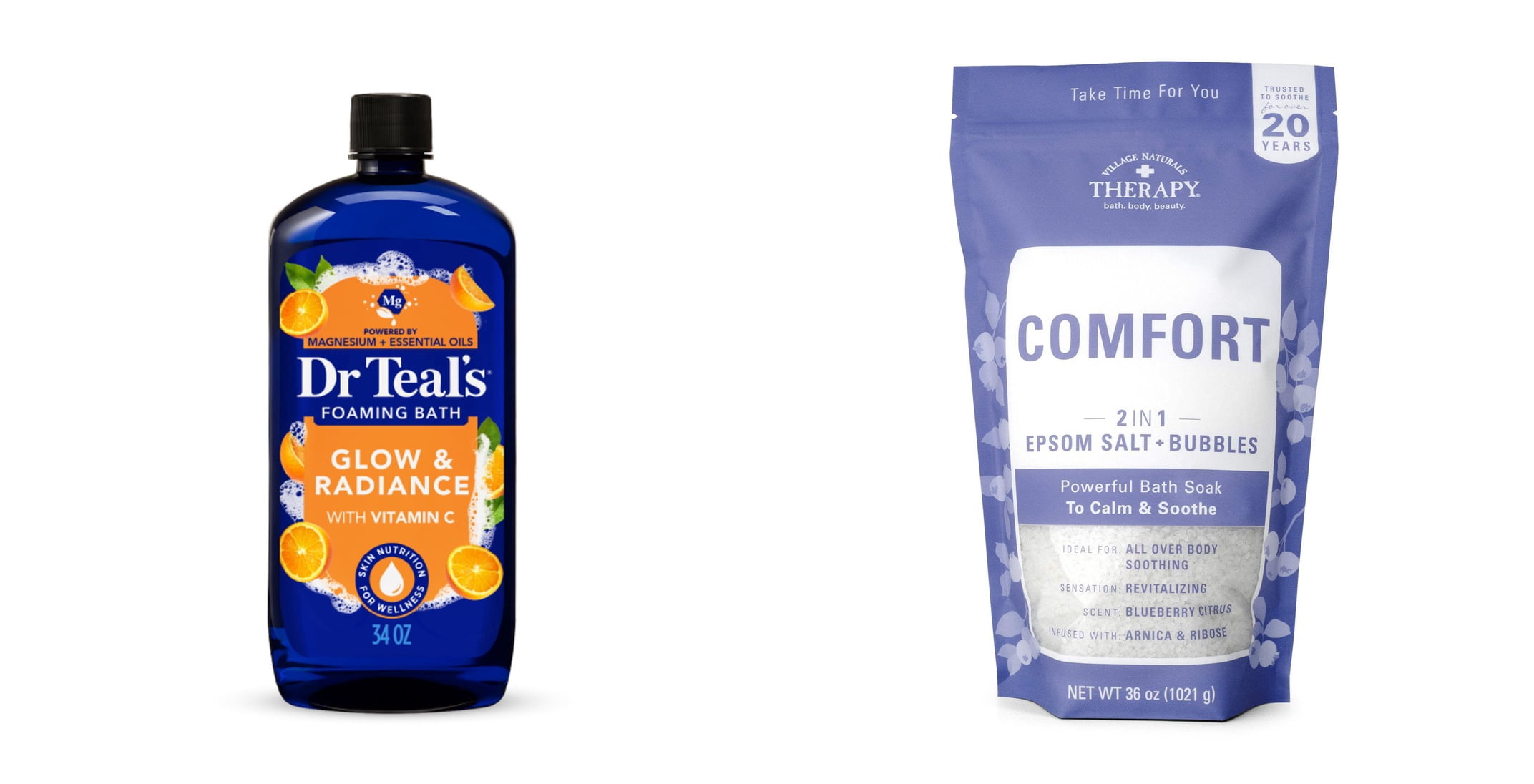 Dr Teal's Glow & Radiance Foaming Bath with Vitamin C and Citrus Essential Oils & Village Naturals Therapy Comfort 2in1 Foaming Epsom Bath Soak, Blueberry Citrus Scent Bundle