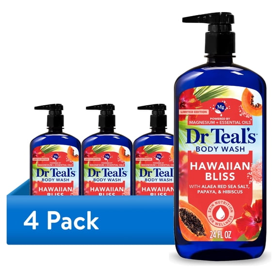 (4 pack) Dr Teal's Hawaiian Bliss Body Wash with Pure Epsom Salt, 24 fl oz