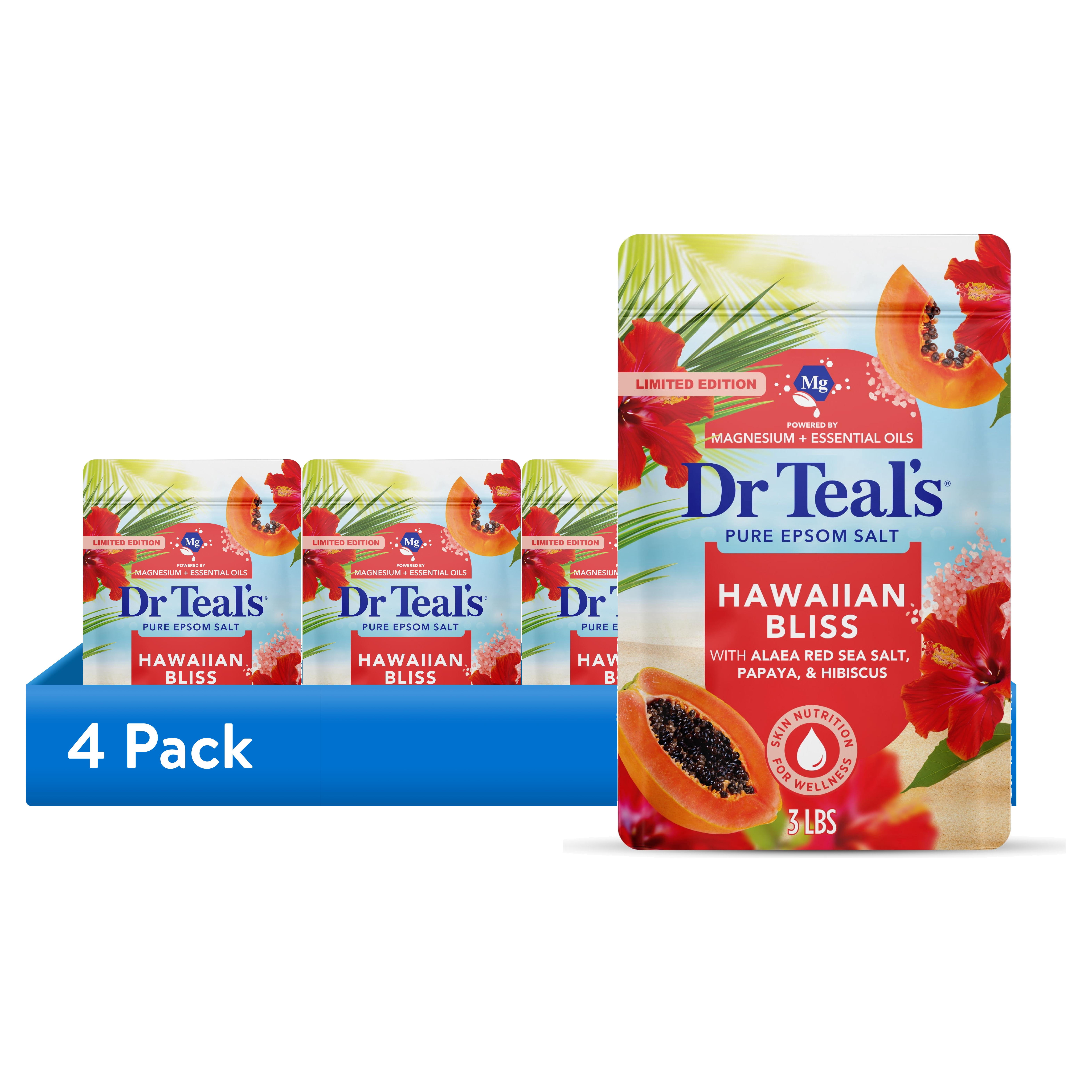 (4 pack) Dr Teal's Hawaiian Bliss Epsom Salt Magnesium Soak, Red Sea Salt, Papaya & Hibiscus, 3 lbs