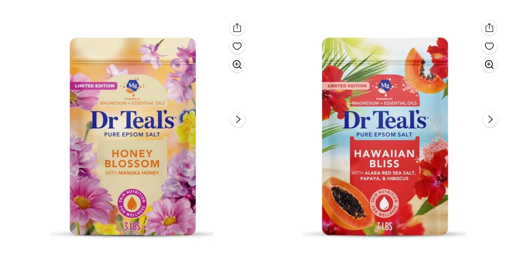 Dr Teal's Honey Blossom Epsom Salt Magnesium Soak with Honey & Essential Oils, 3 lbs & Dr Teal's Hawaiian Bliss Epsom Salt Magnesium Soak, Red Sea Salt, Papaya & Hibiscus, 3 lbs Bundle