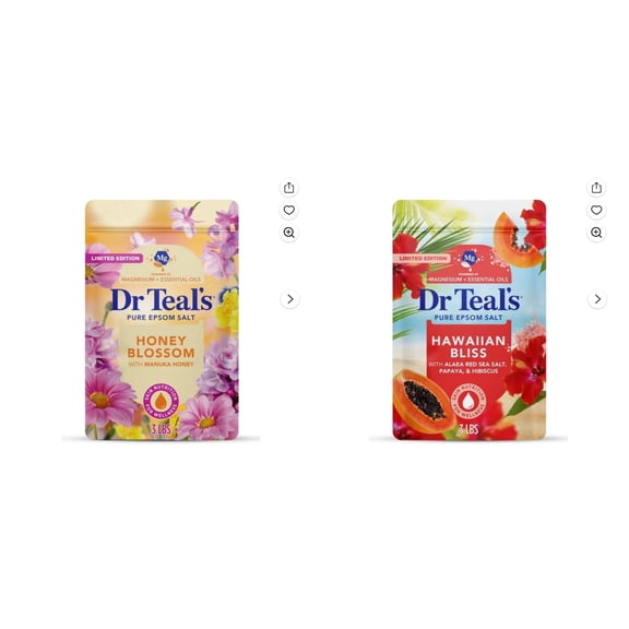 Dr Teal's Honey Blossom Epsom Salt Magnesium Soak with Honey & Essential Oils, 3 lbs & Dr Teal's Hawaiian Bliss Epsom Salt Magnesium Soak, Red Sea Salt, Papaya & Hibiscus, 3 lbs Bundle