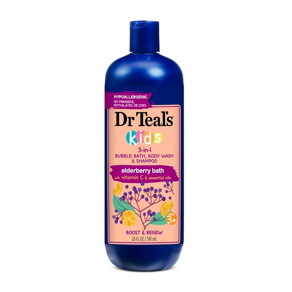 Dr Teal's Kids 3-in-1 Bubble Bath, Body Wash & Shampoo, Boost & Renew Elderberry Bath with Vitamin C, 20 fl oz