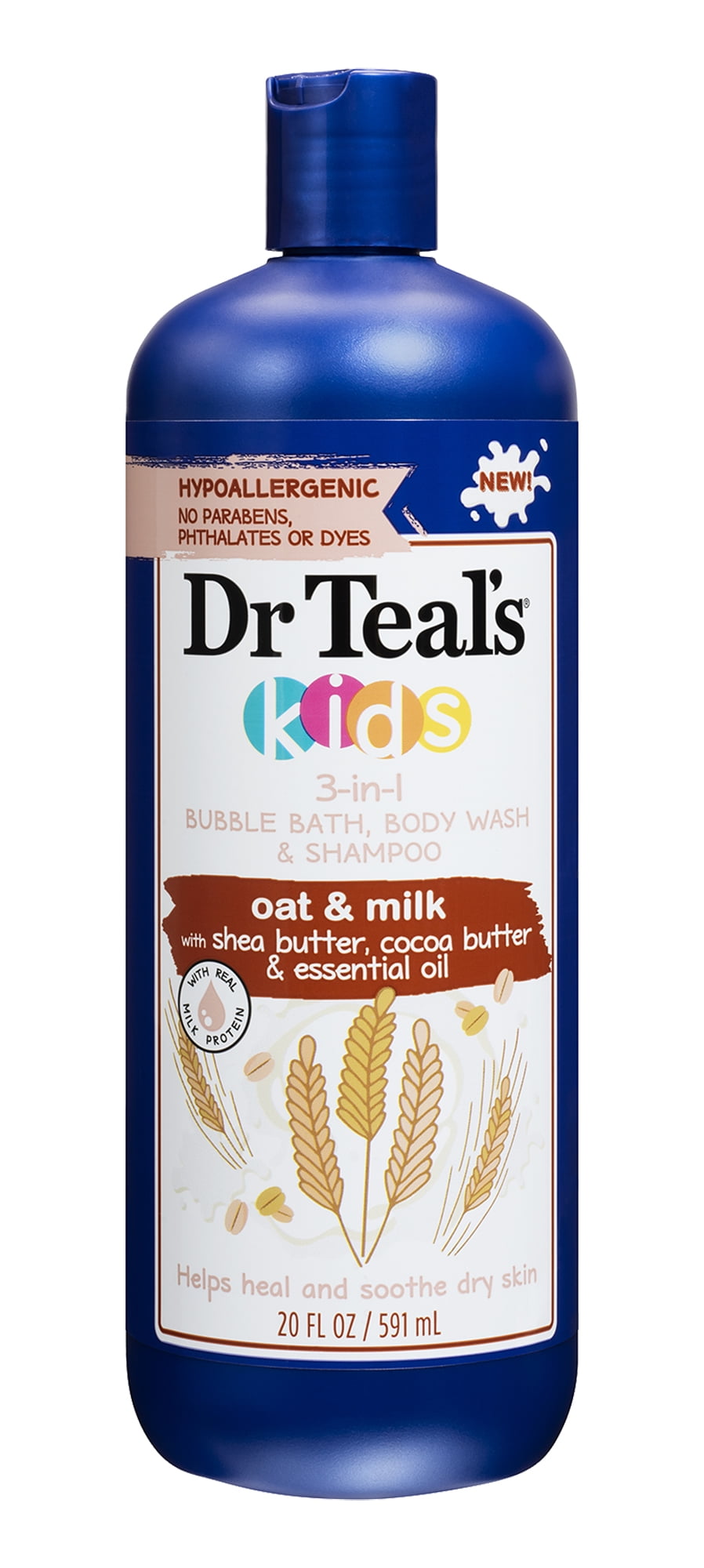 Dr Teal's Kids 3in1 Bubble Bath, Body Wash & Shampoo, Oat & Milk, 20